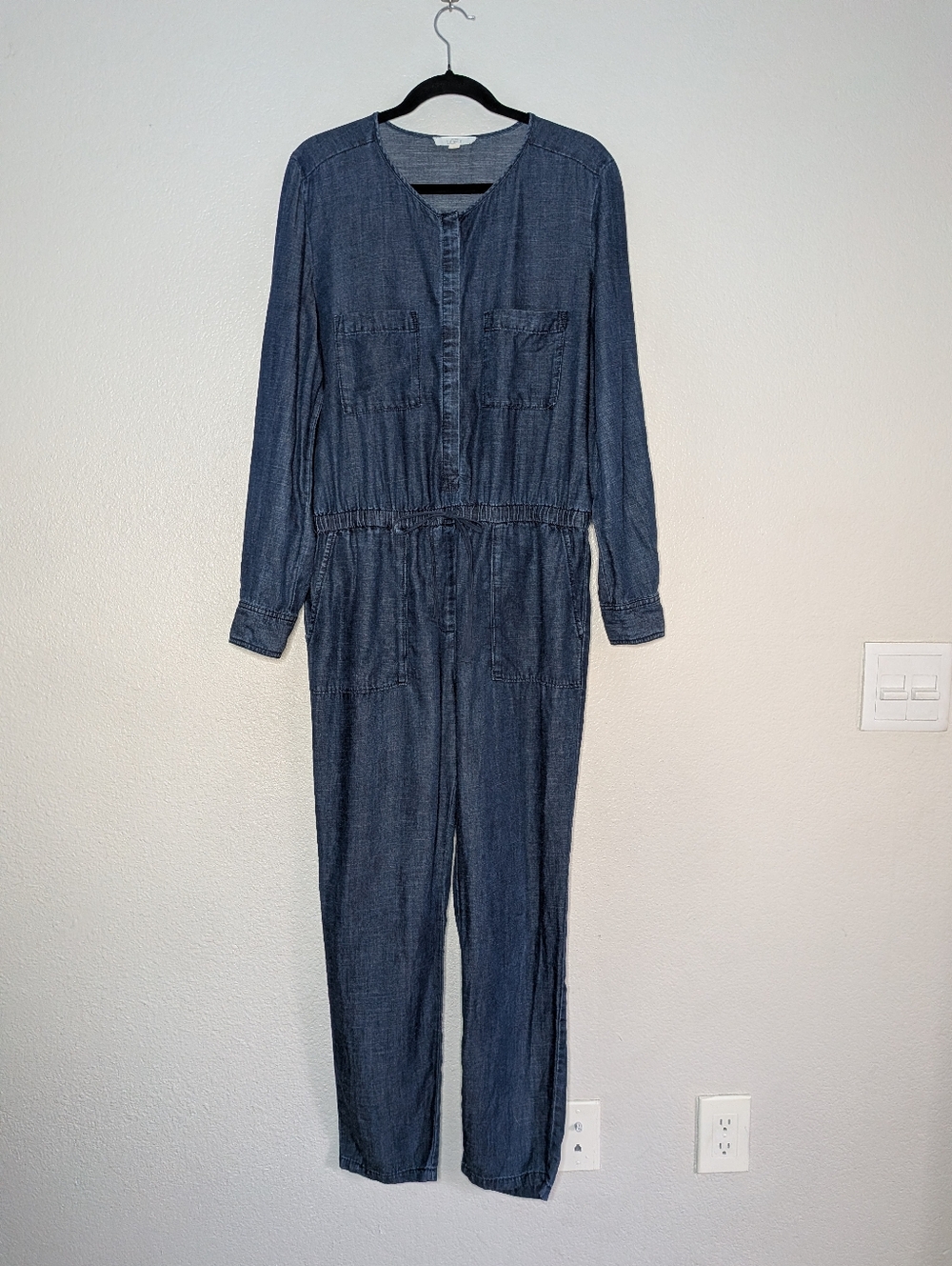 LOFT Dark Blue Linen Blend Lagenlook Chambray Denim Utility Jumpsuit M